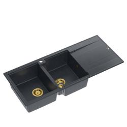 Quadri Luton montagem de bancada pia dupla de granito antracite com escorredor 116x50 cm com válvula dourada 1208967364
