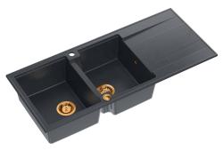 Quadri Luton montagem de bancada pia dupla de granito antracite com escorredor 116x50 cm com tampão de cobre 1208967365