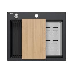 Quadri Durham granito antracite pia de montagem 595x500 com dispensador de sabão, tábua de cortar, cuba de inserção e tapete de rolo 1208967379