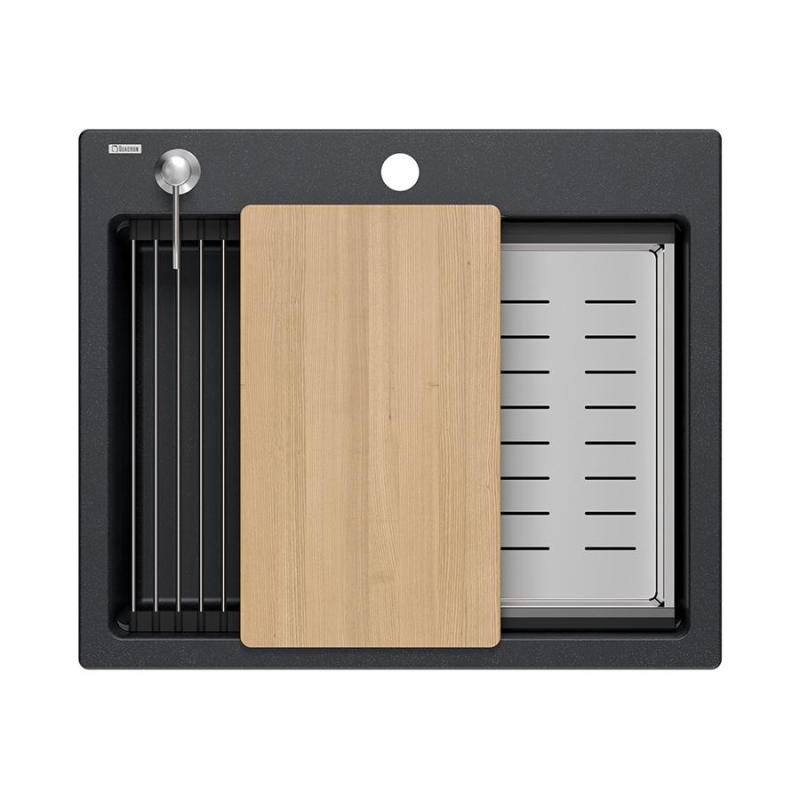 Quadri Durham anthracite granite built-in sink 595x500 with soap dispenser, cutting board, insert sink and roll mat 1208967379