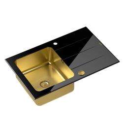 Quadri Glazz pia de montagem dourada com parte de escorredor de vidro preto 78x50 reversível 1208967407