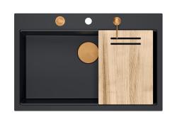 Quadri Hard Rock pia grande de granito preto fosco 76x50cm com tampa de cobre e acessório 1208967423