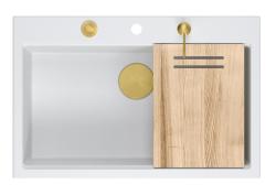 Quadri Hard Rock pia grande de granito branco 76x50cm, incluindo tampão dourado e acessórios 1208967424