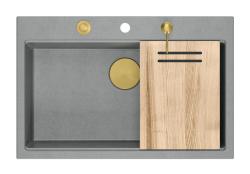 Quadri Hard Rock cinza granito pia de montagem grande 76x50cm incluindo ralo dourado e acessórios 1208967432