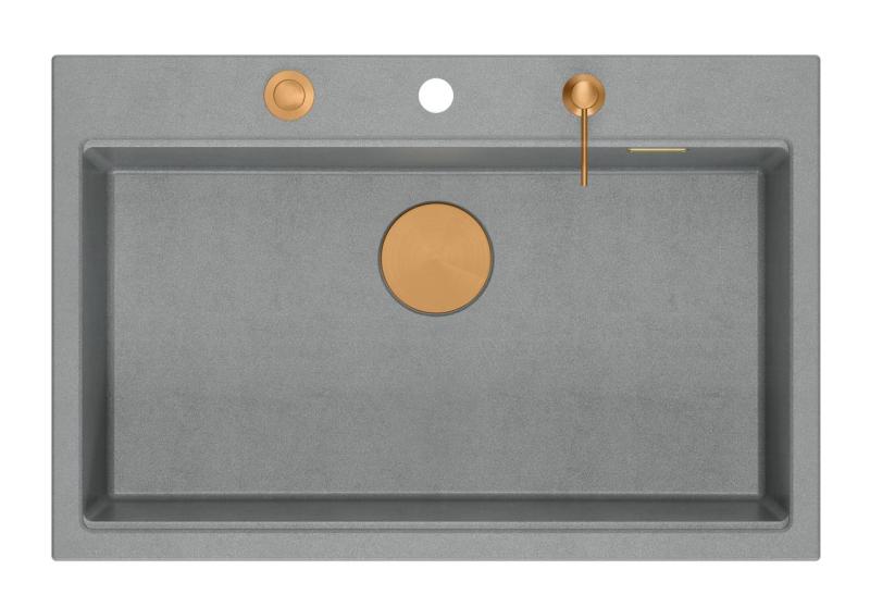 Quadri Hard Rock grey granite inset large sink 76x50cm copper plug and accessories 1208967435