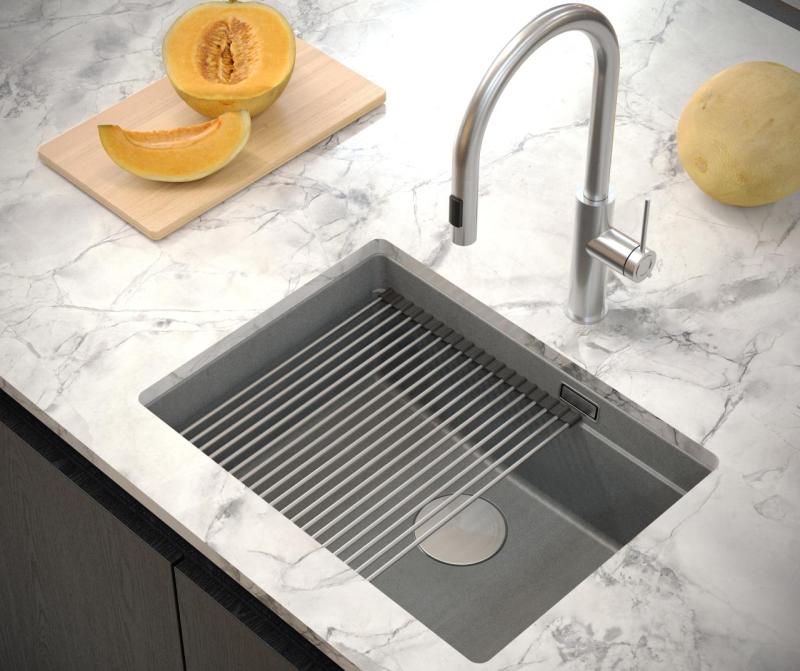 Quadri Newport II taupe granite undermount sink 560x450mm with stainless steel plug and cap 1208967453