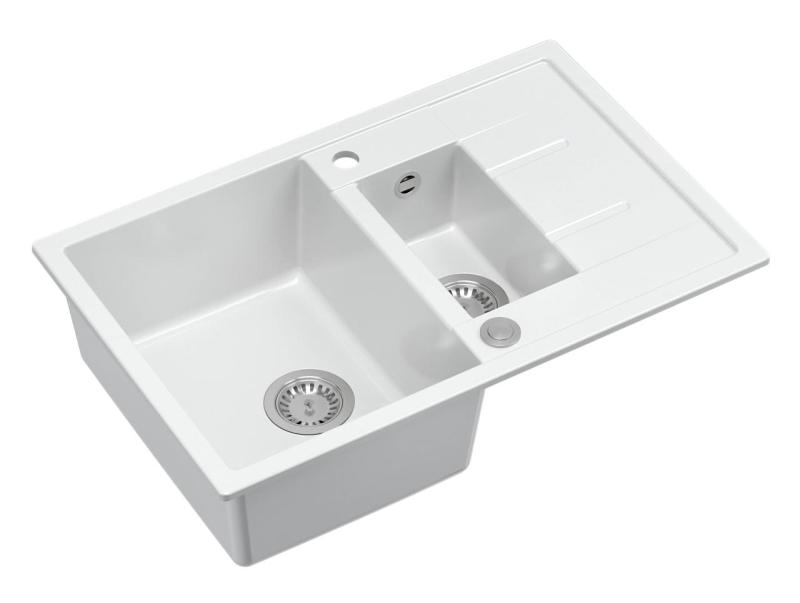 Quadri Brenton pia de granito branco de 1,5 cubas com escorredor 78x50cm com plugue de aço inoxidável 1208967491