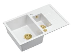 Quadri Brenton pia de granito branco 1,5 cubas com escorredor 78x50cm com válvula dourada 1208967551