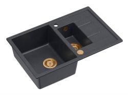 Quadri Brenton pia de granito antracite de montagem superior com 1,5 cubas e escorredor 78x50cm com plugue de cobre 1208967558