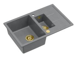 Quadri Brenton cinza granito montagem sobre bancada 1,5 pia com escorredor 78x50cm com válvula dourada 1208967560