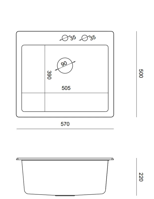 Quadri Sheffield Gray Granite Top-Mount or Flush-Mount Sink 57x50 cm with Tap Hole Bench and Gold Plug - 1208967582