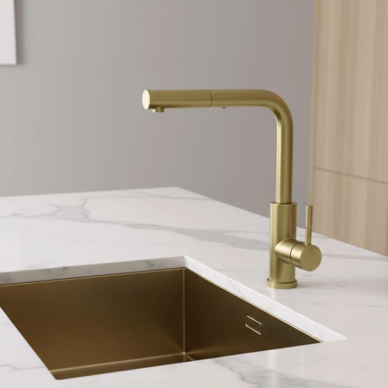 Pure.Sink Elite Steel Spark-S torneira de cozinha PVD ouro escovado com bica extensível PS8041-60