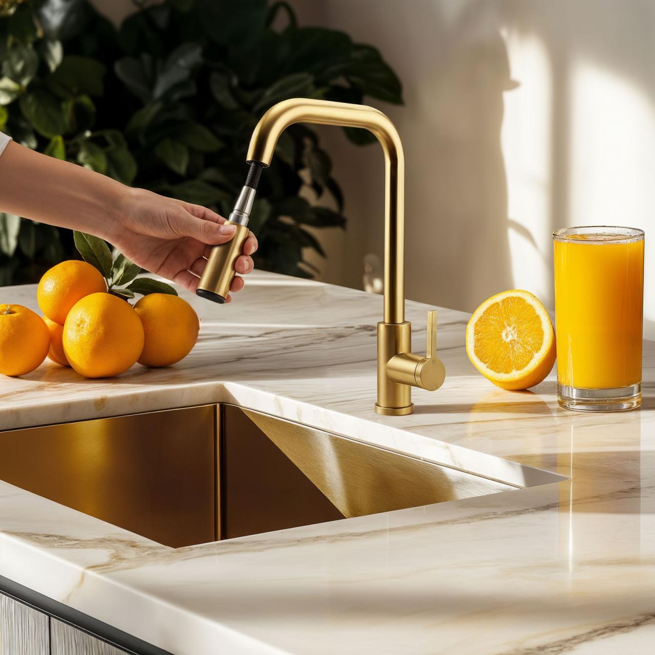 Pure.Sink Elite Steel Crystal-S torneira de cozinha PVD Ouro Escovado com bica extensível PS8050-60