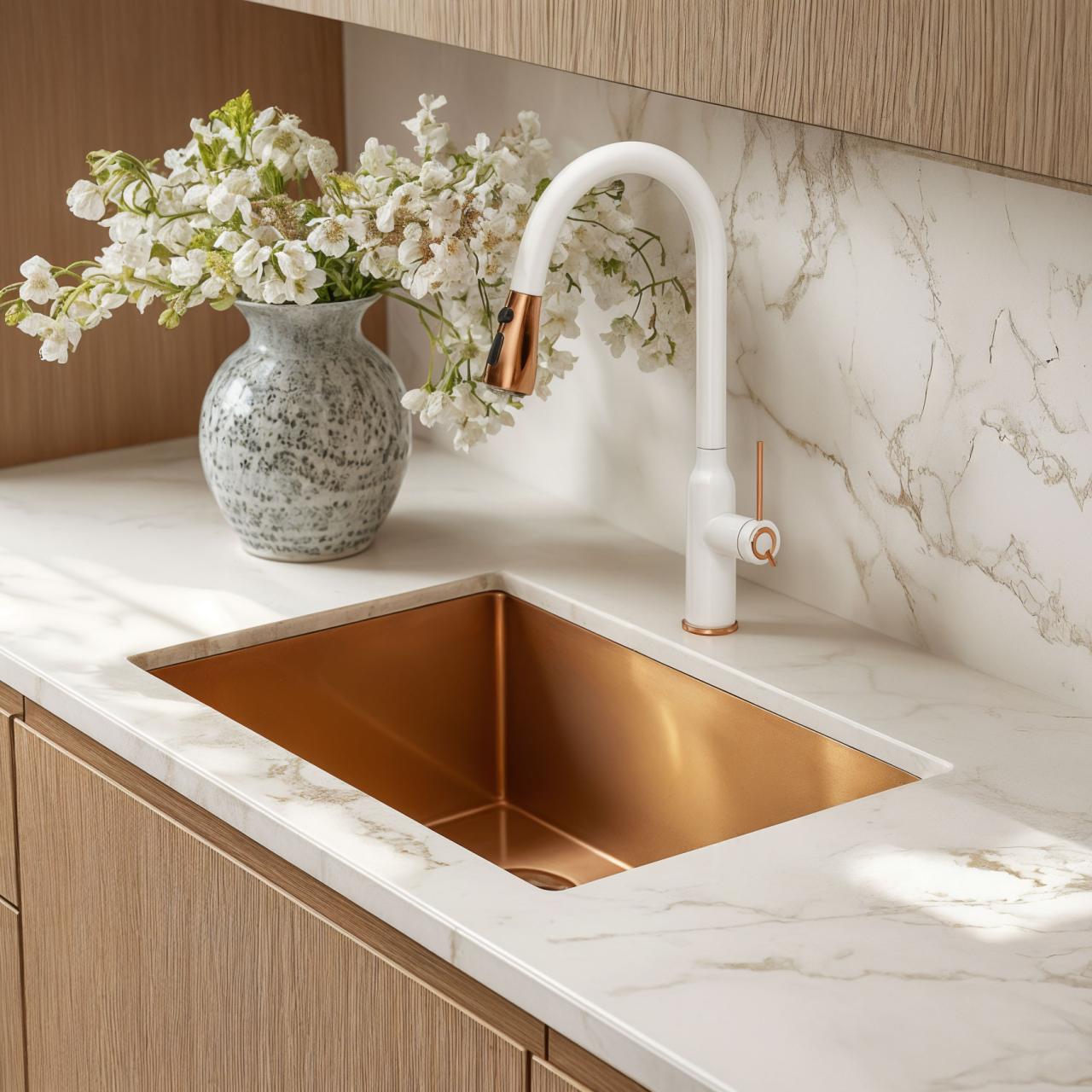 Quadri Stamford Torneira de Cozinha Branca com Acabamento em Cobre PVD com Bica Removível e Função de Pulverização 1208967692