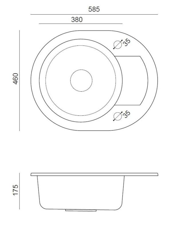 Quadri London Gray Granite Round Sink with Draining Area and Stainless Steel Plug 585x460mm Reversible - 1208967772