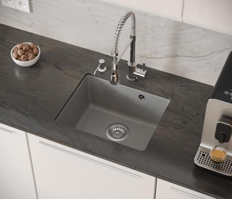 Quadri Elston Cinza Pia de Cozinha de Granito para Instalação Inferior 420x335mm com Válvula Inox 1208967775