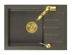 Conjunto Quadri Kendal com Torneira de Cozinha, Dispensador de Líquido e Pia de Granito Antracite Dourada 60x44 cm com Escorredor e Ralo Dourado e Transbordamento - 1208967843
