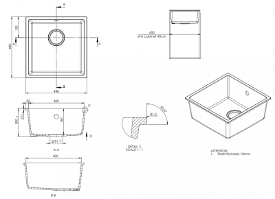 GraniteMy Universal Bege Areia Pia de Granito 40x40 cm sobrepor, embutir e nivelar com tampa de metal gun - 1208967919