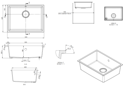 GraniteMy Pia Universal de Granito Branca 55x40 cm montagem de superfície, montagem embutida e montagem nivelada com válvula gun metal - 1208967933