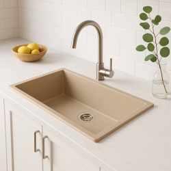 GraniteMy Universal pia de granito bege areia 74x40 cm sobreposto, embutido e encastrado com tampão em aço inoxidável 1208968017