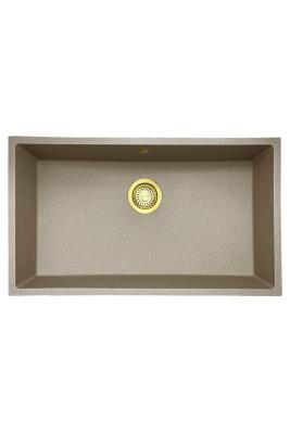 GraniteMy Universal pia de granito areia bege 74x40 cm de sobrepor, de embutir e de instalação plana com plugue dourado 1208968018