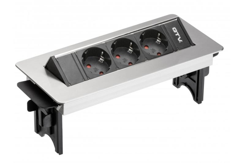 Extensão de desktop sem cassete 3x tomada schuko, cabo de alimentação de 1,5m com plugue inox (montagem com parafuso)