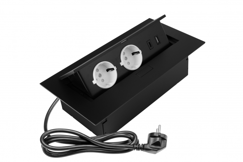 Tomada para móveis 2x tomada schuko, USB A+C, sem cabo, preto