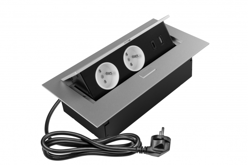 Tomada de móveis 2x tomada com aterramento, USB A+C, cabo de energia com plugue, alu