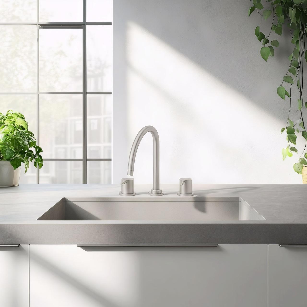 Waterevolution Flow misturador de cozinha de 3 furos com bica giratória e conexão para água filtrada em aço inoxidável T152UIE