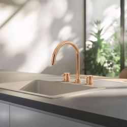 Waterevolution Flow torneira de cozinha de 3 furos com bica giratória e conexão para água filtrada cobre T152UCPE