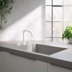 Waterevolution Flow torneira de cozinha angular de 3 furos com bica giratória e conexão para água filtrada branca T152HBR