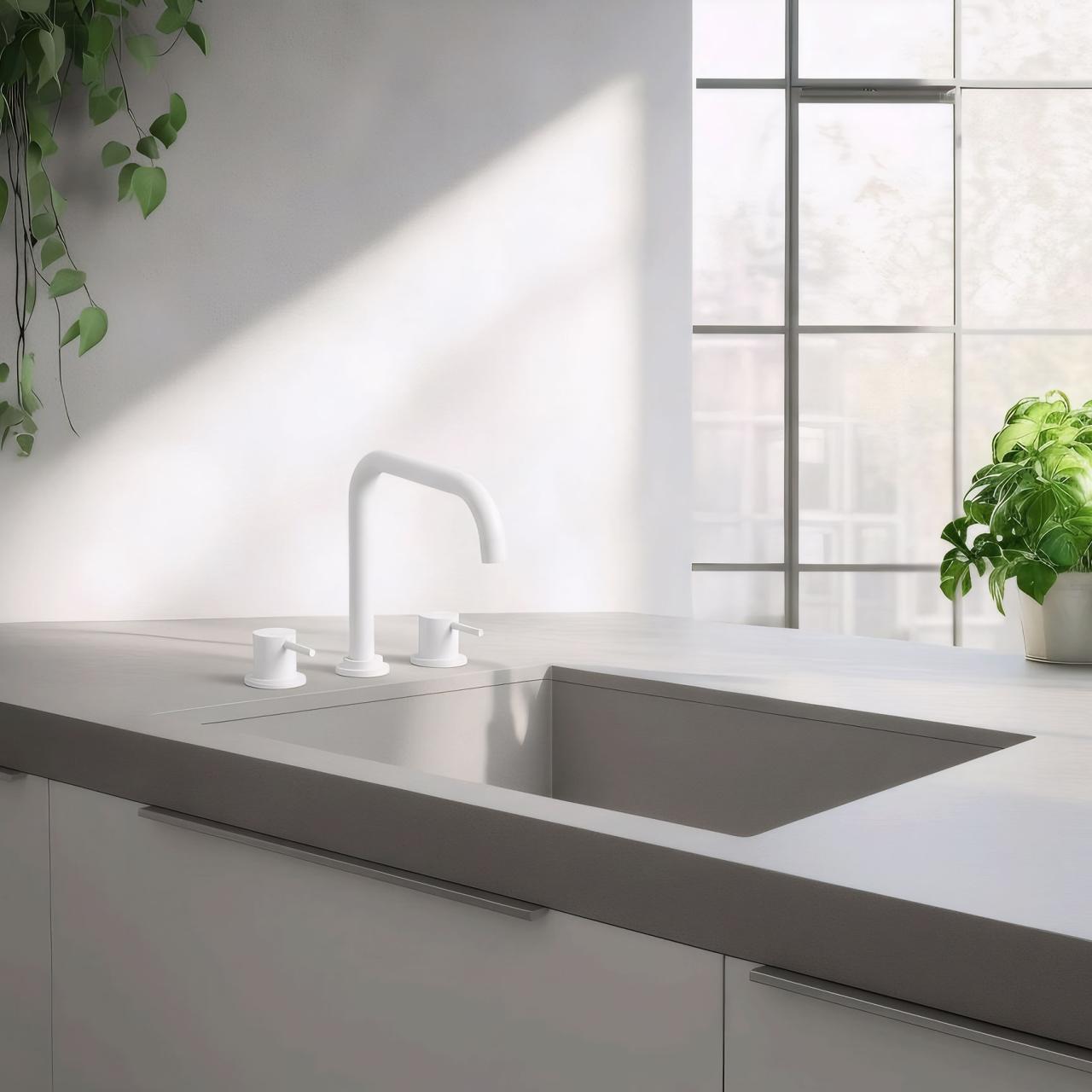 Waterevolution Flow torneira de cozinha angular de 3 furos com bica giratória e conexão para água filtrada branca T152HBR