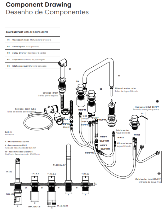 Waterevolution Flow 5-hole angled kitchen mixer tap with pull-out spray and filtered water connection brass T154HLE