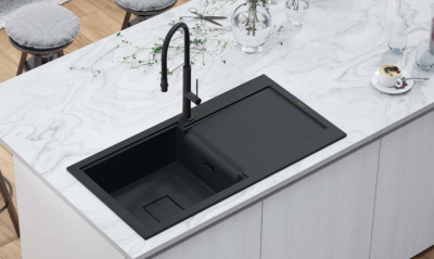 GraniteMy Zafiri Pia de Sobrepor em Granito Preto 97x50 cm com Escorredor, Reversível, com Tampa de Dreno Quadrada Preta 1208969997