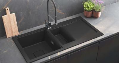 GraniteMy Zafiri Pia de Sobrepor em Granito Preto 1,5 Cuba 100x50 cm com Escorredor, Reversível, com Tampa de Dreno Quadrada Preta 1208969998