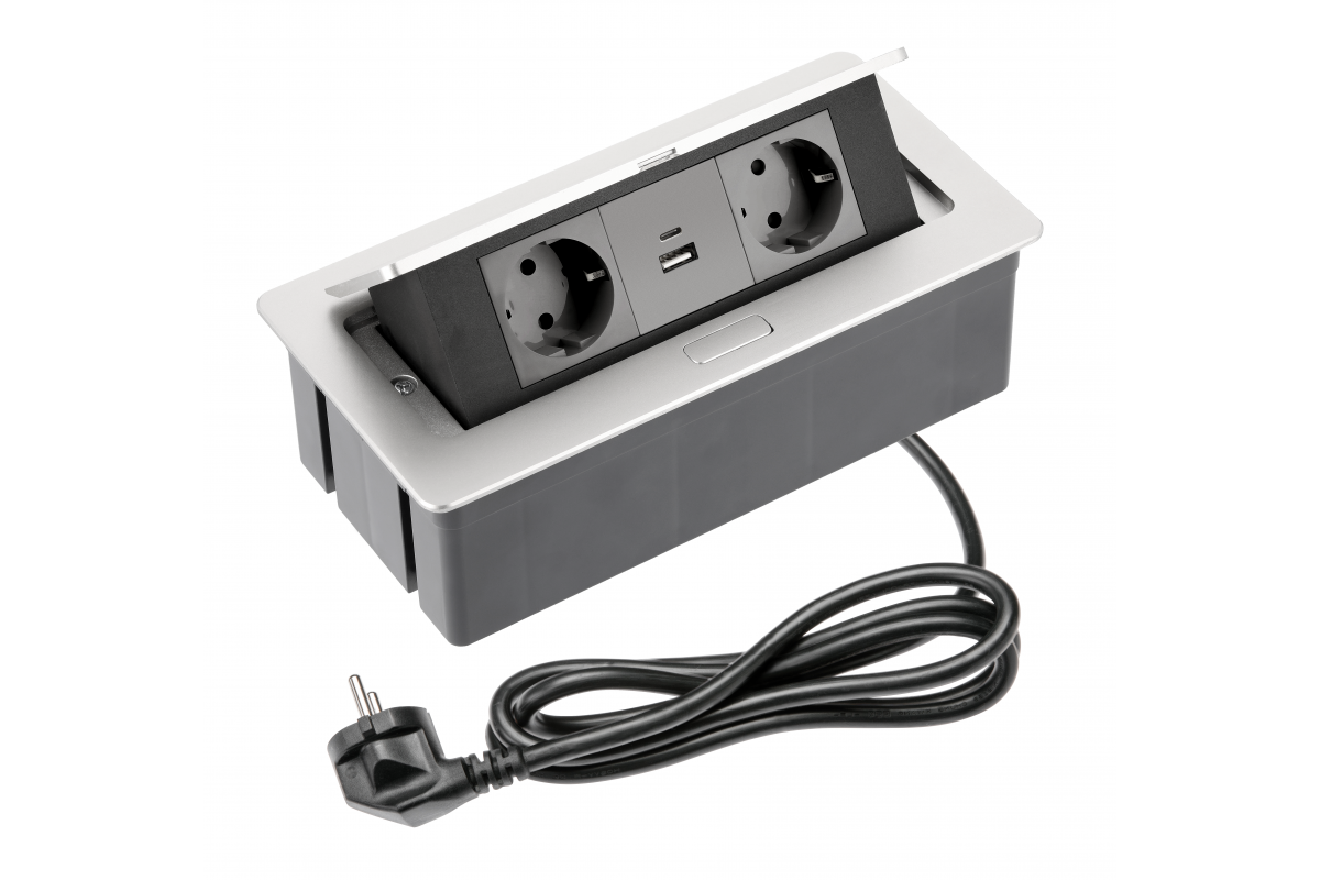 Tomada para móveis SOFT 2x Tomada Schuko, USB A+C, cabo de alimentação com plugue, alumínio - Productafbeelding