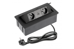 Tomada para móveis SOFT 2x tomada com aterramento, USB A+C, cabo de alimentação com plugue, preto.