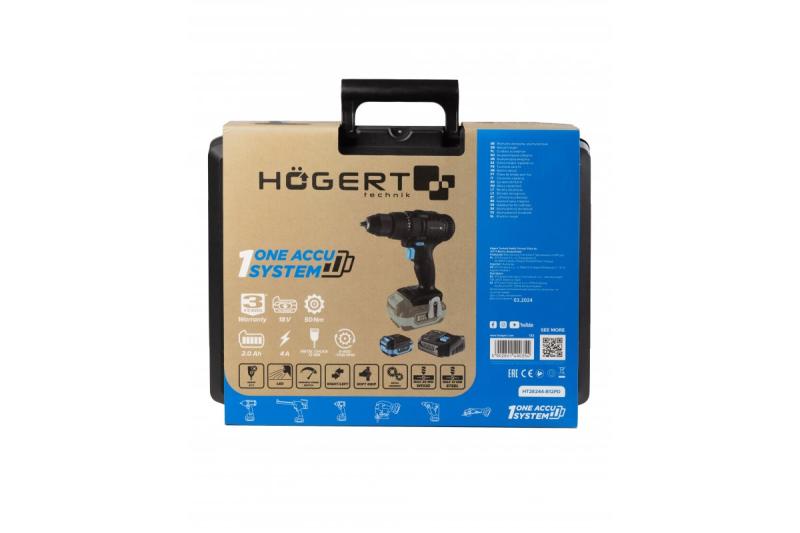 HÖGERT furadeira a bateria 18V, conjunto com bateria, carregador, suporte para bits, caixa de brocas.