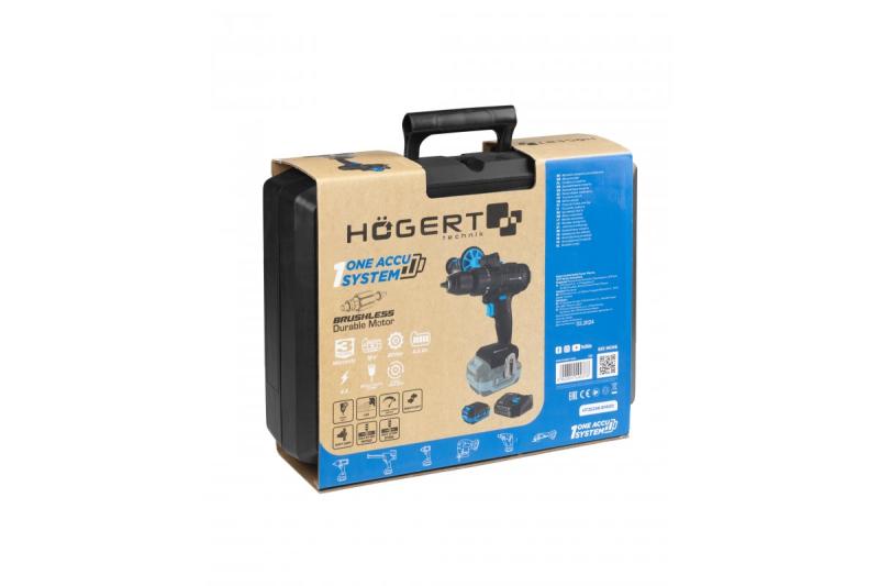 HÖGERT Brushless set de parafusadeira a bateria, 18V, com suporte para bits, carregador e bateria.