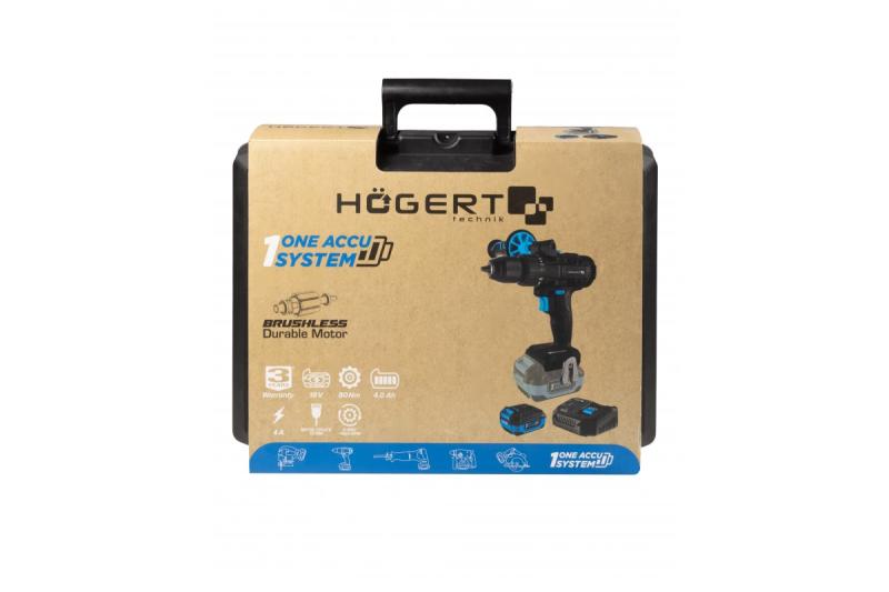 HÖGERT Brushless set de parafusadeira a bateria, 18V, com suporte para bits, carregador e bateria.