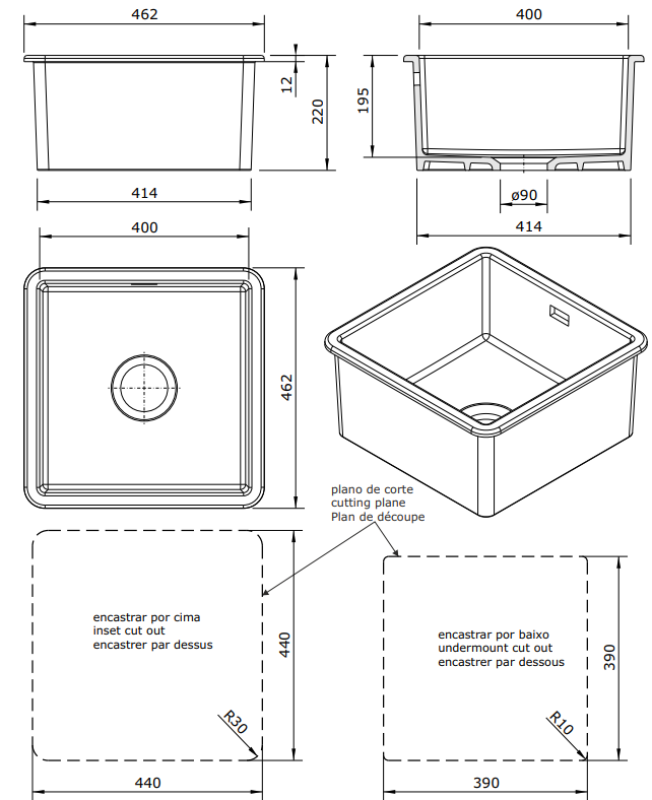 Ausmann Ceramic Ember Ceramic Mat Black Square Sink Top Mount and Under Mount 40 x 40 cm with Stainless Steel Plug 1208970507