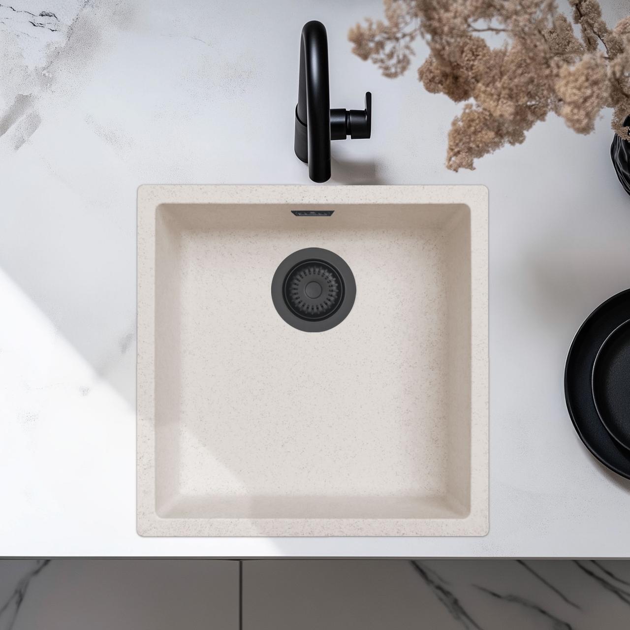 Areia Branca Creme Pia 40x40 cm Embutida, Sobreposta e Nivelada com Tampa Preta Fosca 1208970540