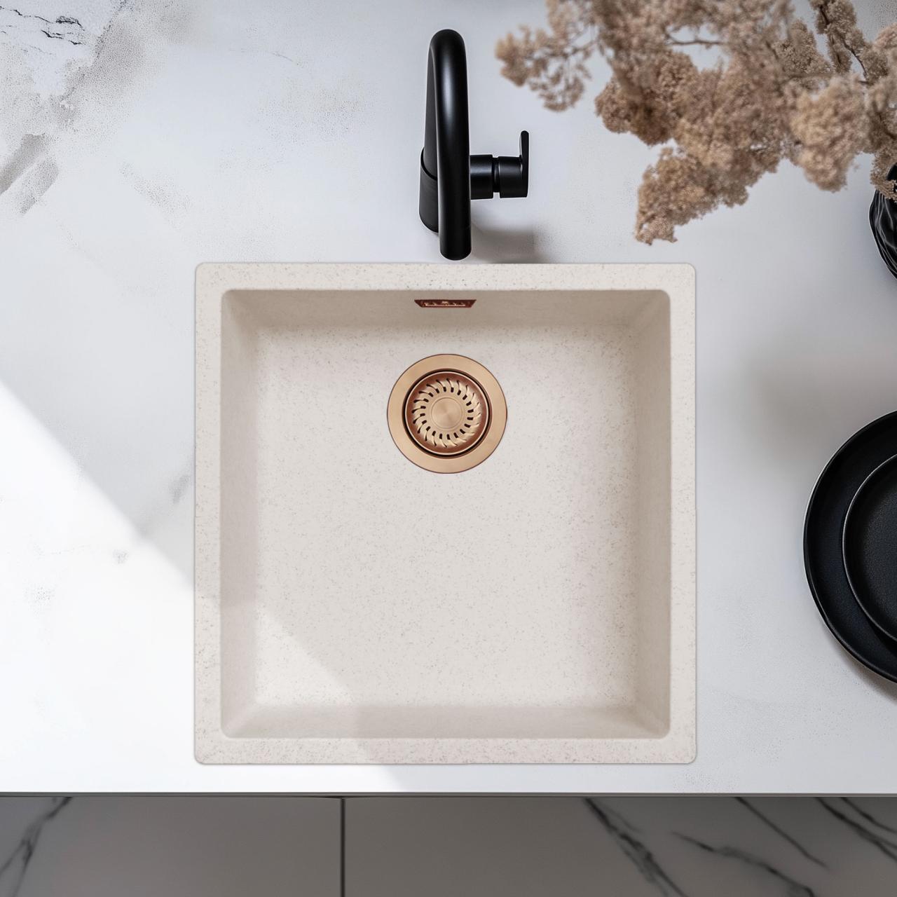 Areia Branca Creme Pia 40x40 cm Embutida, Sobrepor e de Encaixe com Válvula de Cobre 1208970543