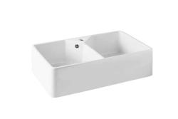 Ausmann Ceramic Mira Pia Cerâmica Dupla Branca - Embutida e Intermediária 793 x 450 mm com furo para torneira e plugue de aço inoxidável 1208970550