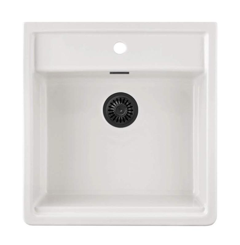 Ausmann Ceramic Panor Shade Pia de cerâmica branca Butler - Submontagem e montagem intermédia 630 x 597 mm com bancada com orifício para torneira e tampão preto mate 1208970554