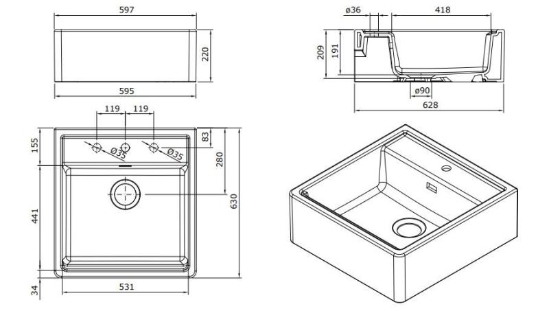 Ausmann Ceramic Panor Shade Pia de cerâmica branca Butler - Submontagem e montagem intermédia 630 x 597 mm com bancada com orifício para torneira e tampão preto mate 1208970554