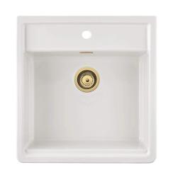 Ausmann Ceramic Panor Shade Pia de Mordomo Cerâmica Branca - Montagem Inferior e Semi-embutida 630 x 597 mm com bancada para torneira e Ralo Dourado 1208970558