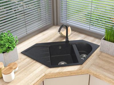 Graniteland Amiata Granito preto Arduin aparência de pedra dura Pia de canto de montagem 965x496mm com Plugue de Aço Inoxidável 1208970620