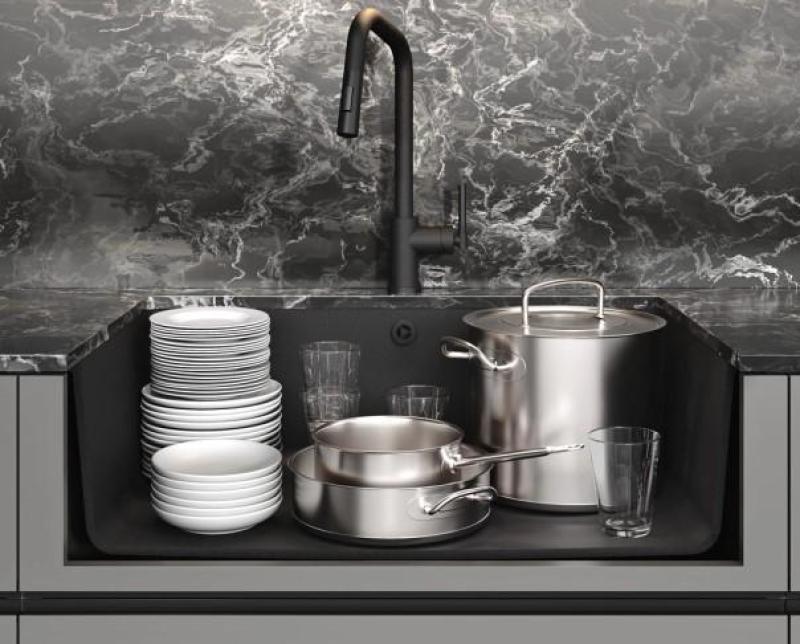 AquaGranite Módulo R19 grande pia de granito preta 76x43 cm para instalação inferior e superior com tampa de aço inoxidável 1208970688