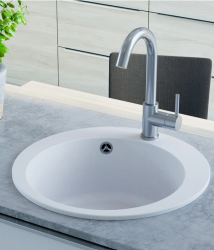 AquaGranite Lago Pia redonda de granito branco de sobrepor 505 mm com tampa de aço inoxidável e 1 furo para torneira 1208970689